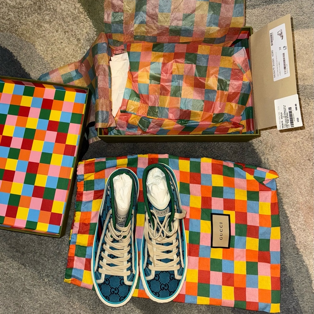 Gucci Teal/Blue Canvas Patterned High-Top Sneakers - Picture 14 of 16